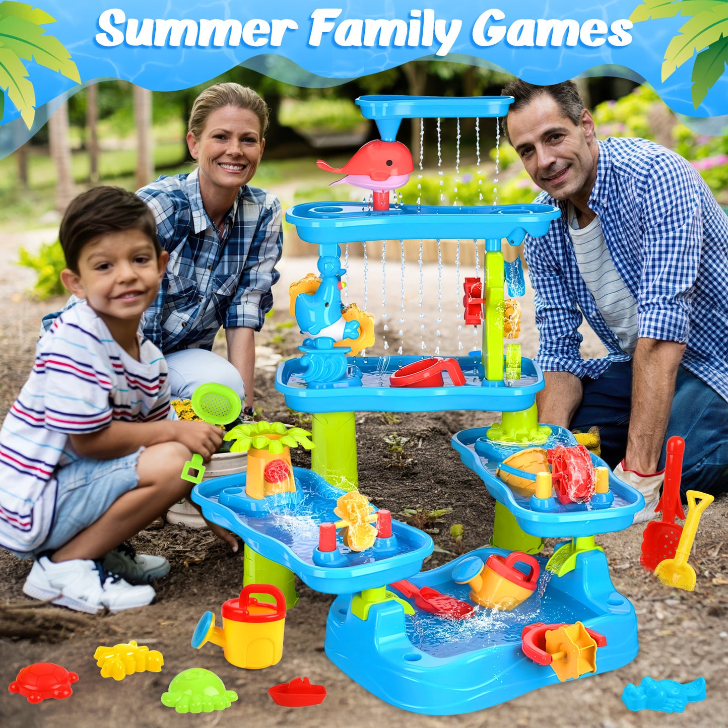 UUSUOO Water Table for Toddlers 1-3,5-Tier Kids Water Table,Rain Showers Splash Pond for Outdoor Beach Backyard Summer,Activity Sensory Sand and Water Table for Toddlers 1-3 3-5 Gift