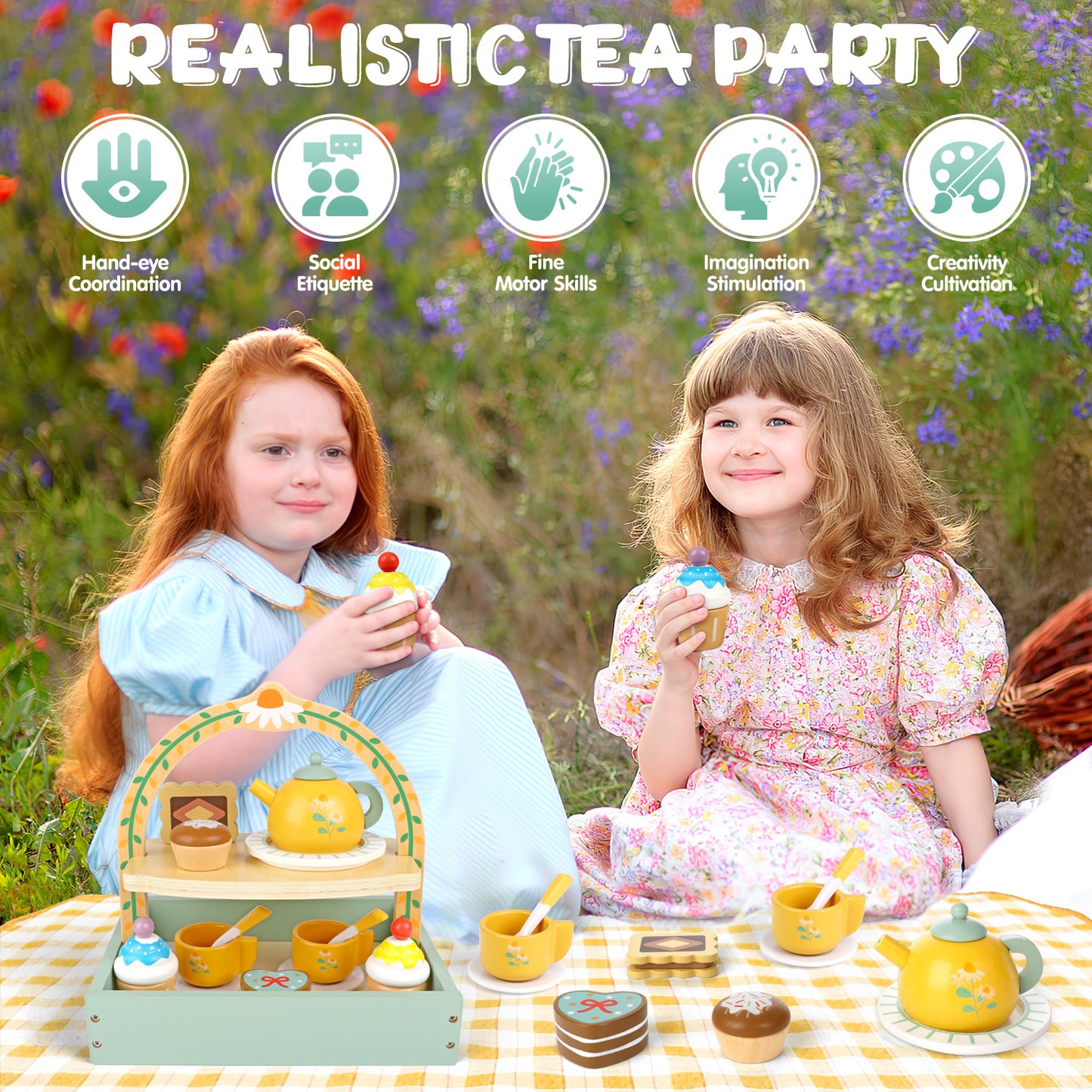 UUSUOO Wooden Tea Party Set for Girls,Pretend Play Tea Sets for Toddlers with Storage Cupcake Stand & Play Kitchen Accessories,Kids Wooden Toys for Girls,Perfect Christmas Gifts for Kids Girls 3-6