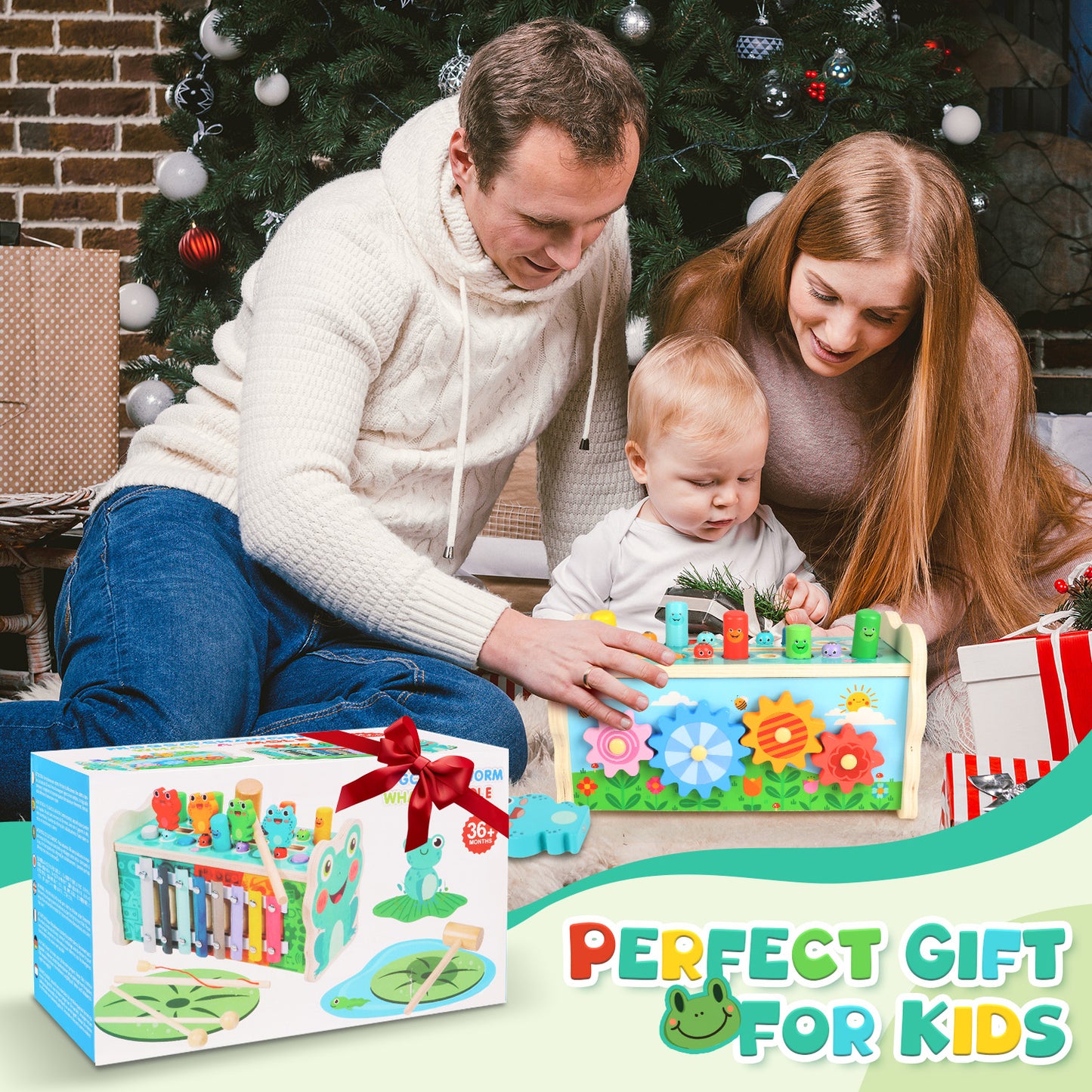 UUSUOO 6 in 1 Montessori Toys for 1 Year Old,Whack A Mole Hammering Pounding Toys with Pounding Bench,Xylophone,Frog,Wooden Baby Toys,Early Development Toys Christmas Birthday Gifts for Toddlers 1-3