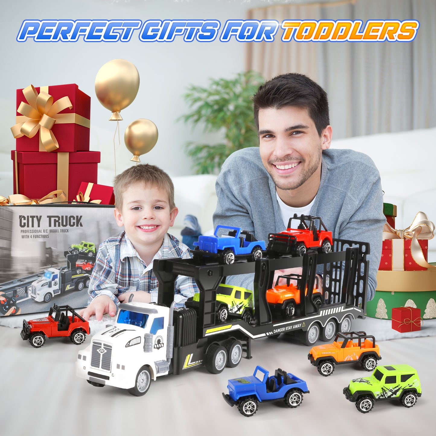 UUSUOO Truck Toys for Boys 3-6 Years,14" 1:48 Toddler Trucks Semi Truck Trailer Toys with 4 Cars,Transport Car Carrier Truck Toys with Lights & Sounds,Cars Toys Gift for Age 3 4 5 6+ Years Old Kids