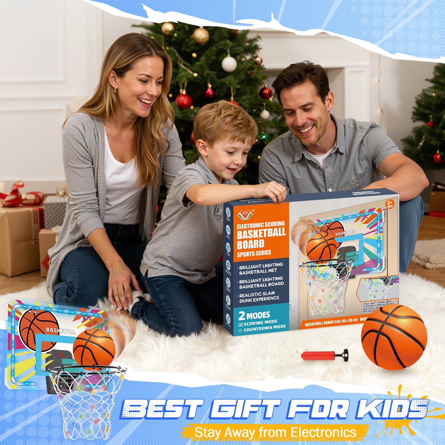 UUSUOO Basketball Hoop Indoor for Kids,Basketball Hoop with Led Light,Electronic Scoreboard & Ball,Basketball Toys for Kids,Christmas Birthday Gift for Boys Girls Age 5 6 7 8 +