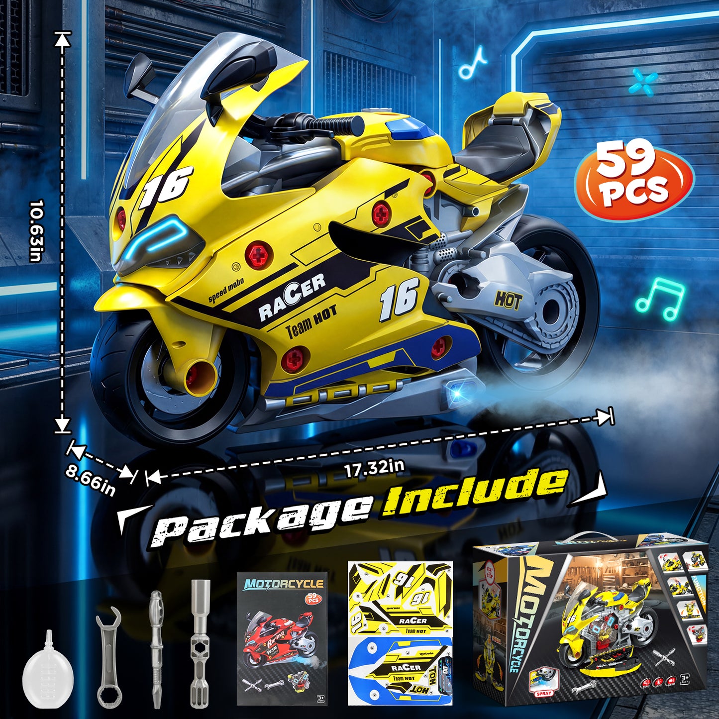 UUSUOO Take Apart Motorcycle Toy,Motorcycle Toys for Kids 3-5,Interactive Toy Engine Building Kit with Light, Sound & Spray,STEM Educational Gift Toys for 3 4 5 6 7 Year Old Boys Girls,Yellow