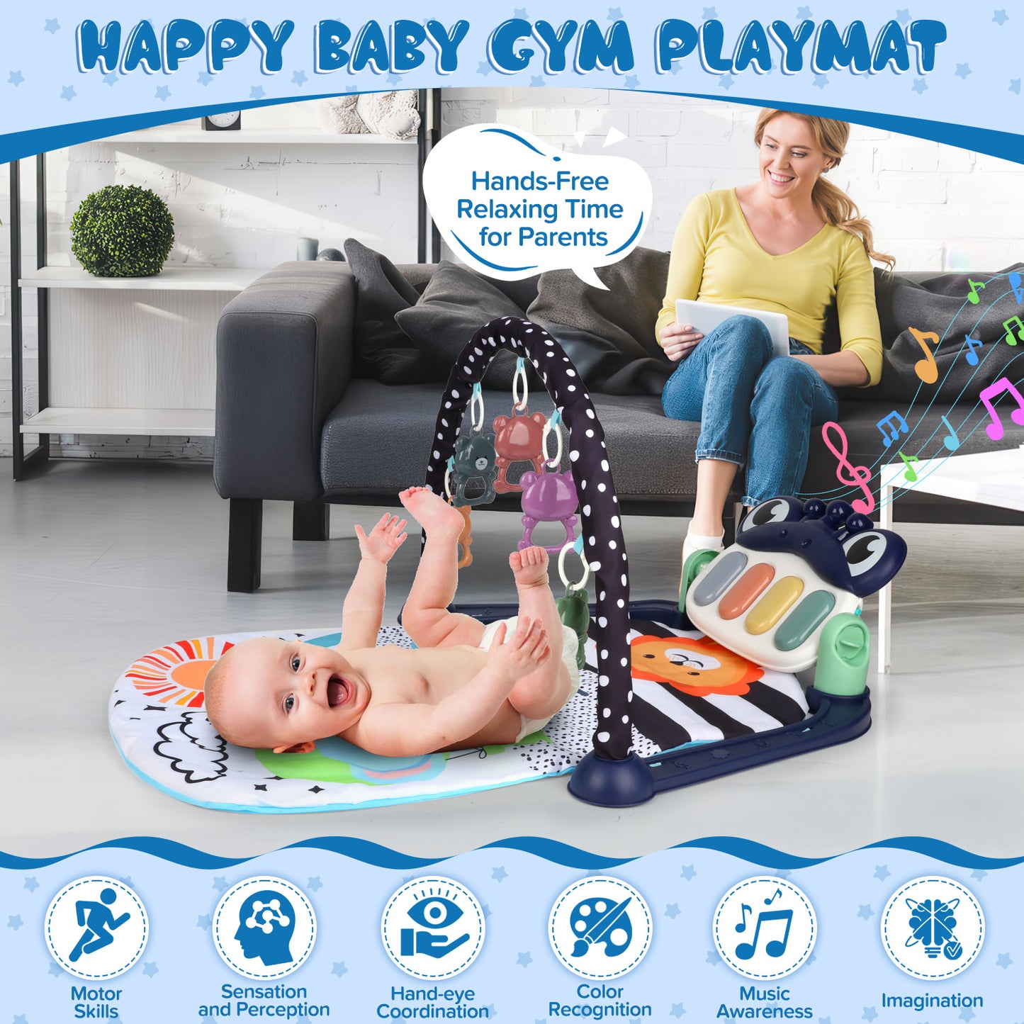 UUSUOO Baby Play Mat Baby Gym,Kick and Play Piano Gym,Musical Activity Center Tummy Time Baby Activity Mat with 5 Infant Sensory Baby Toys,Music & Light Newborn Infant Gifts for 0-3-6-9-12 Months