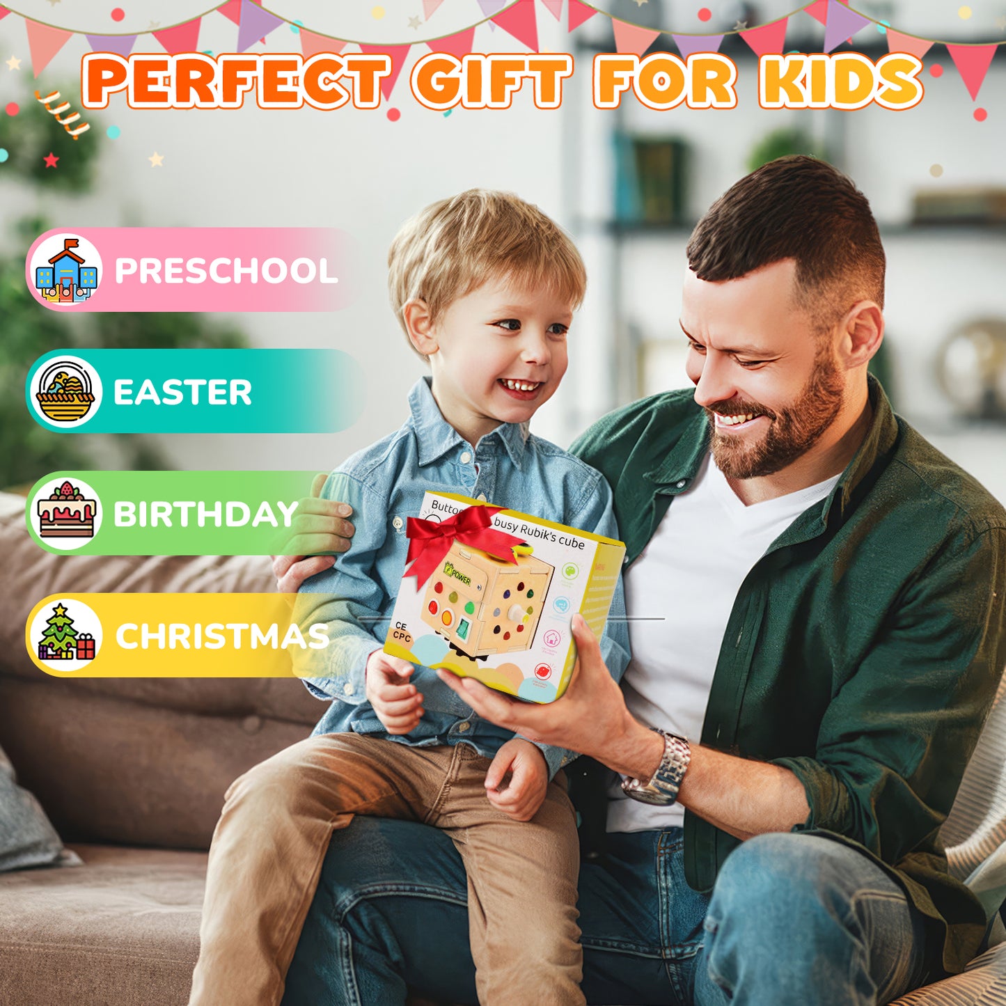 UUSUOO Busy Board with Led Light,Wooden Sensory Toys for Toddlers Boys Ages 1 2 3 Years Old, Educational Wooden Activity Cube,Travel Toys for 2 3 4 + Year Old Boys & Girls Birthday Gift