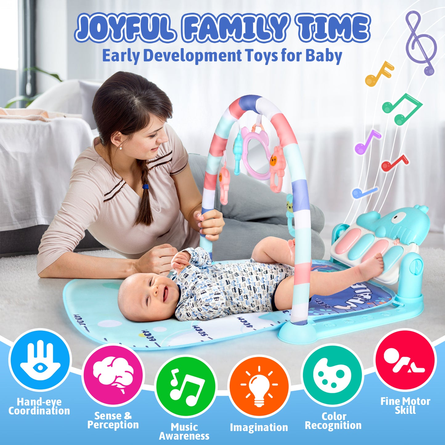 UUSUOO Baby Play Mat Baby Gym,Kick and Play Piano Gym,Tummy Time Activity Mat with 5 Infant Sensory Baby Toys,Infant Toys Piano Baby Play Mat Music & Light Newborn Infant Gifts for 0-3 6 9 12 Months