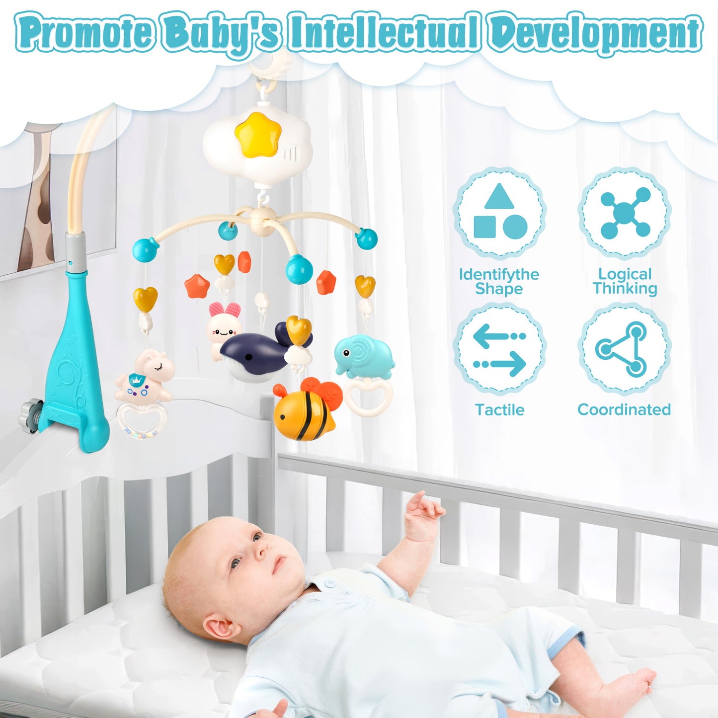 UUSUOO Baby Mobile for Crib,Baby Crib Mobile with Music and Night Lights,Mobiles for Crib with Rotation,Projection,Hanging Rotating Animals Rattles,Baby Toys 6-12 Months,Baby Crib Toys for Boys Girls