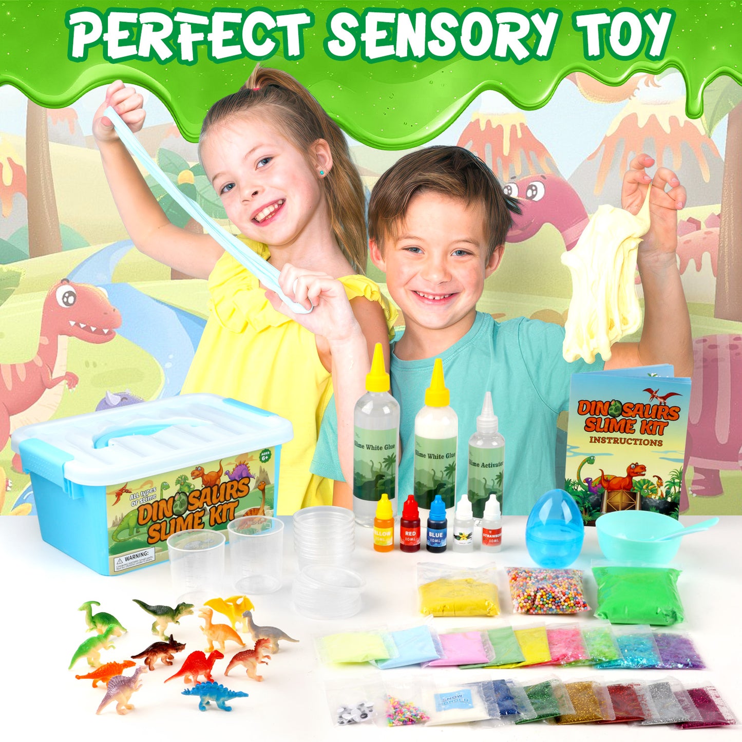 UUSUOO Dinosaur Slime Kit,Slime Making Kit for Kids,DIY Slime Kit Toys with 12 Dinosaur Toys & Awesome Add-Ins,Stress Relief Toys,Christmas Birthday Gifts for Boys Girls 6 7 8 9 10+