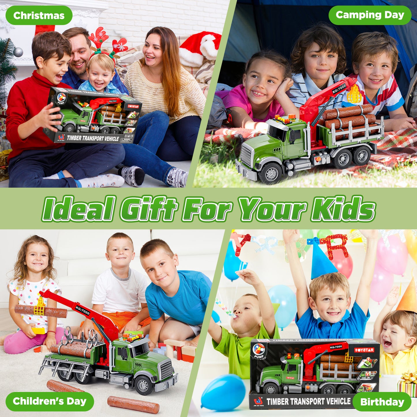 UUSUOO Toddler Trucks for Boys 3-6 Years,15" Large Boys Timber Truck with Loading Crane and 6 Trunks, Kids Truck Toys with Lights & Sounds,Christmas Birthday Gifts for 3 4 5 6 7 Boys Girls,Green
