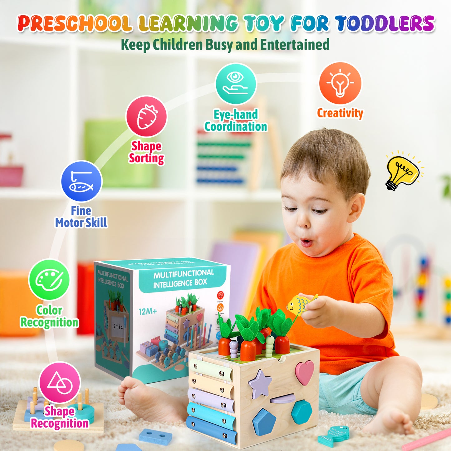 UUSUOO Wooden Montessori Baby Toys,10-in-1 Wooden Activity Cube with Fishing, Xylophone,Shape Sorting & Stacking,Learning Educational Baby Busy Toys Gift for 1 2 3 Year Old Boys & Girls