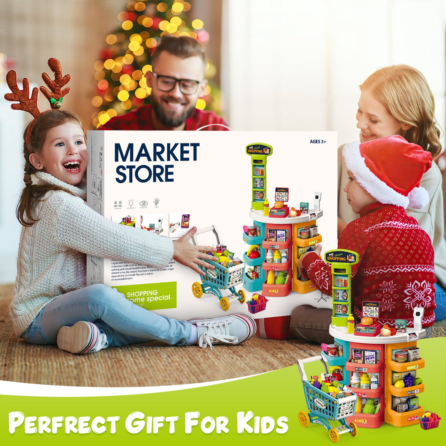 UUSUOO Supermarket Playset for Kids,Pretend Play Grocery Store Set with Kids Shopping Cart,76PCS Pretend Play Toys with Play Food, Cash Register,Christmas Birthday Gift for Kids 3 4 5 6 +