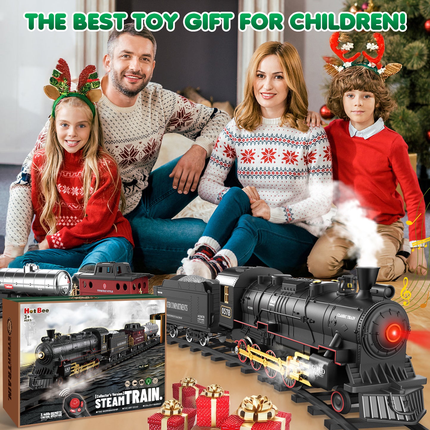UUSUOO Train Set for Boys,Remote Control Christmas Train Sets w/Steam Locomotive,Light Passenger Cars & Tracks,Trains Toys w/Smoke,Whistle & Lights,Christmas Toys Gifts for Kids 3 +