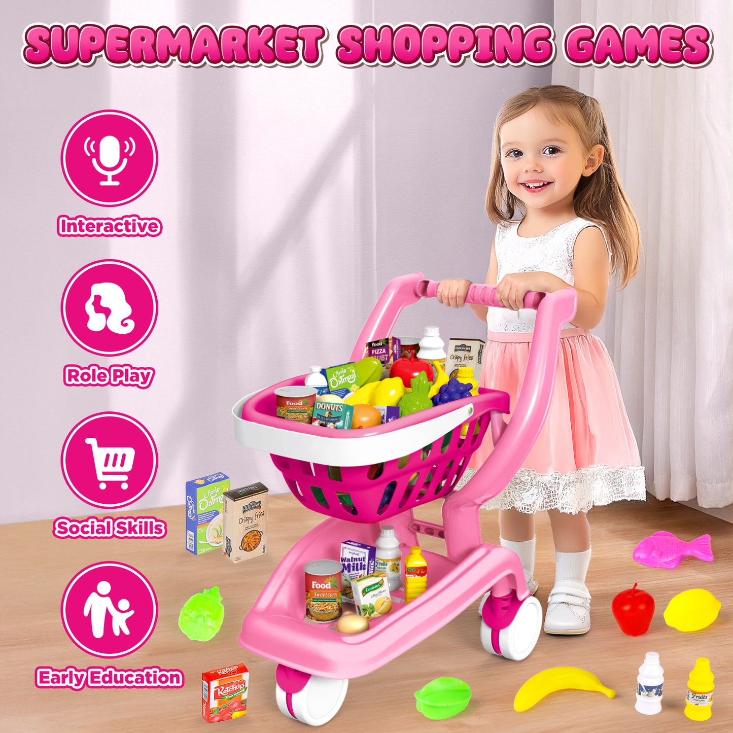 UUSUOO Kids Shopping Cart,36Pcs Toddler Shopping Cart with Play Food Fruit Vegetable and Shop Accessories,Pretend Play Grocery Store Toys for Boys Girls 3-6 ,Pink