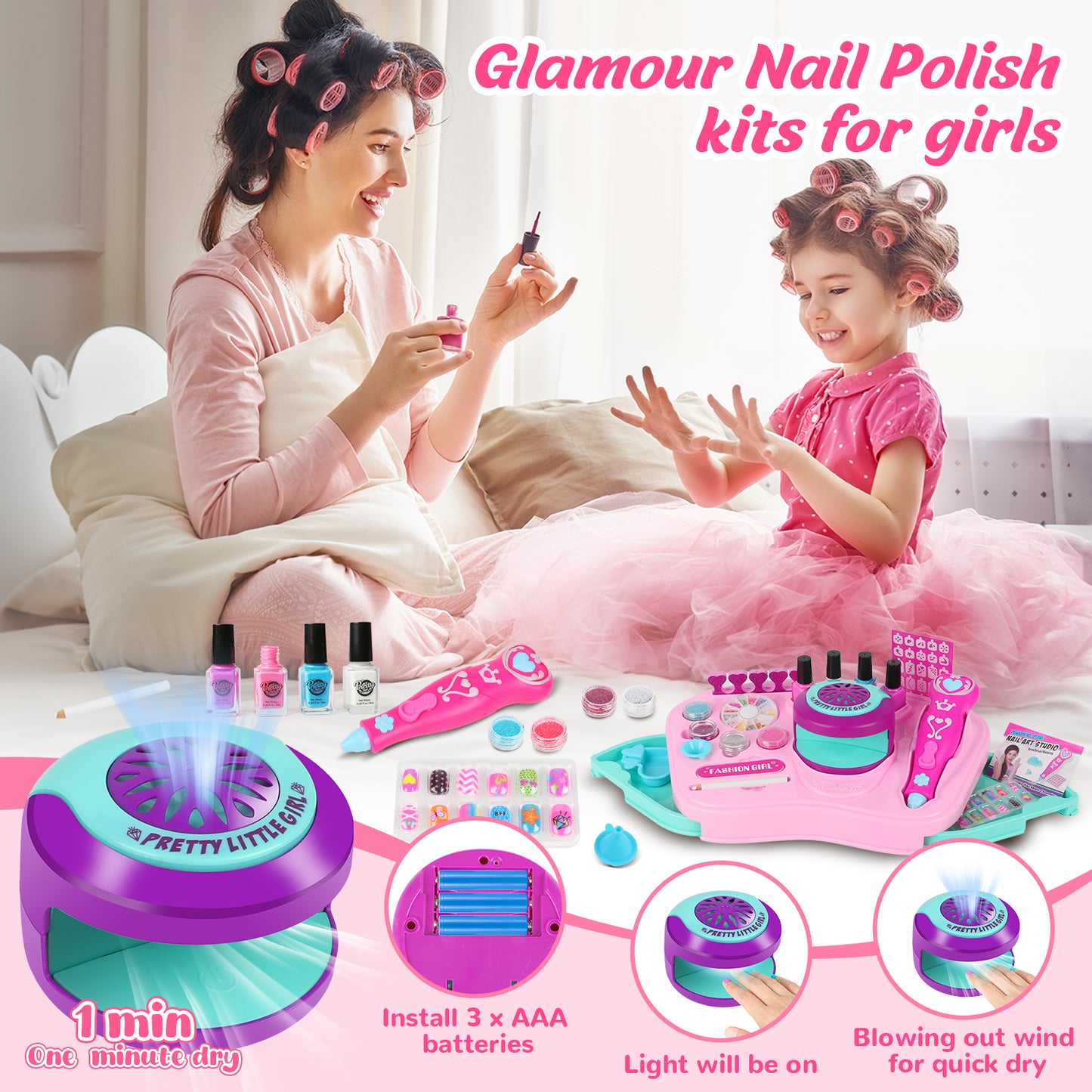 UUSUOO Kids Nail Polish Set for Girls,30Pcs Nail Art Kit with Storage Desk,Nail Dryer,Glitter Pen,Non Toxic Nail Polish,Nail Kit for Girls Ages 7-12,Girls Toys Christmas Birthday Gift for Girls 6-12