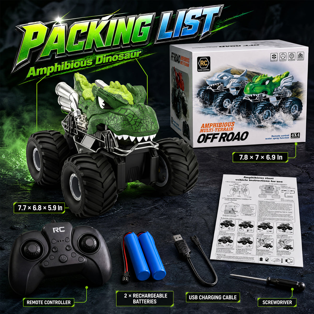 UUSUOO Dinosaur Remote Control Car,Waterproof Monster Truck Toys with Spray Water & Lights, 2.4GHz All-Terrain RC Truck Toys for Boys 4-7, Christmas Birthday Gifts for Boys Girls 3+