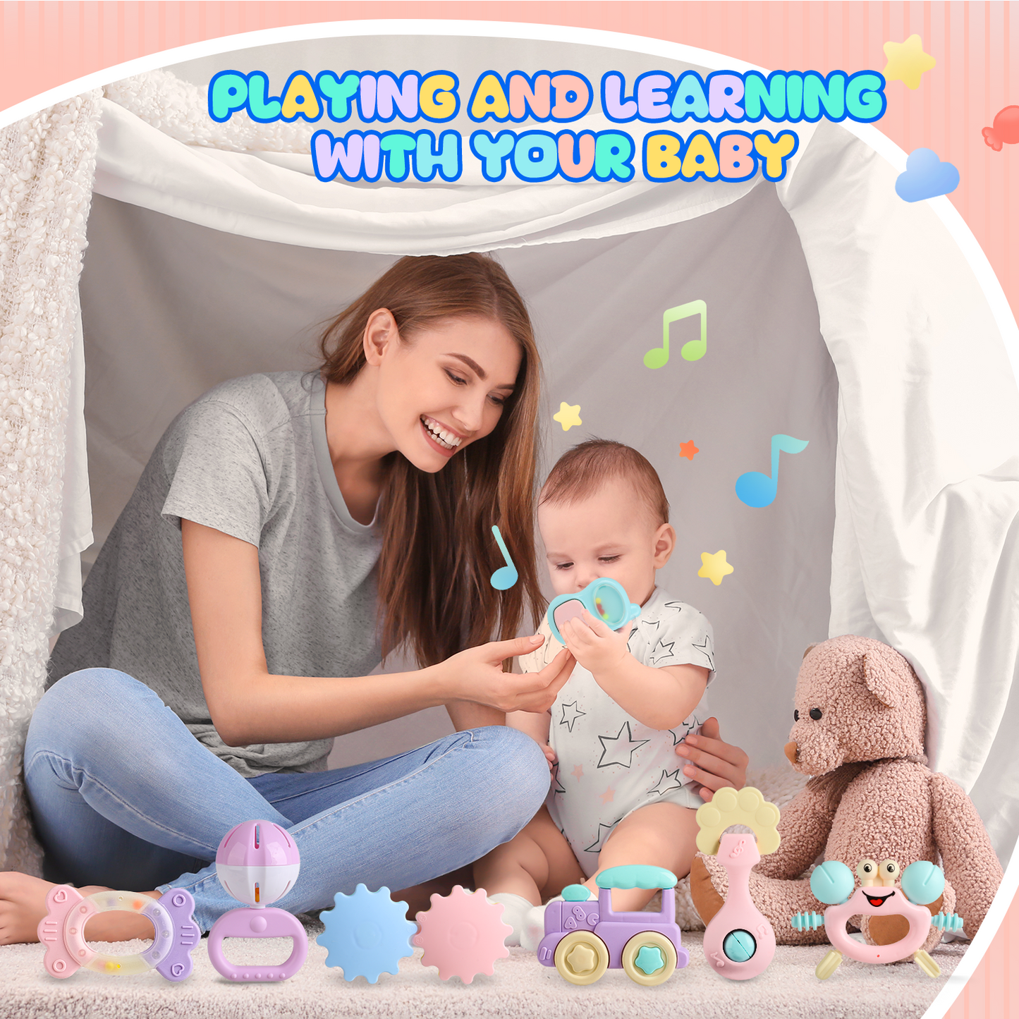 UUSUOO Baby Rattle Toys,15 PCS Baby Toys for 0-6 Months,Early Educational Infant Teething Sensory Toys,Baby Rattles 0-6 Months,Infant Newborn Baby Toys for 6-12 Months,Baby Boy Girl Gifts Set