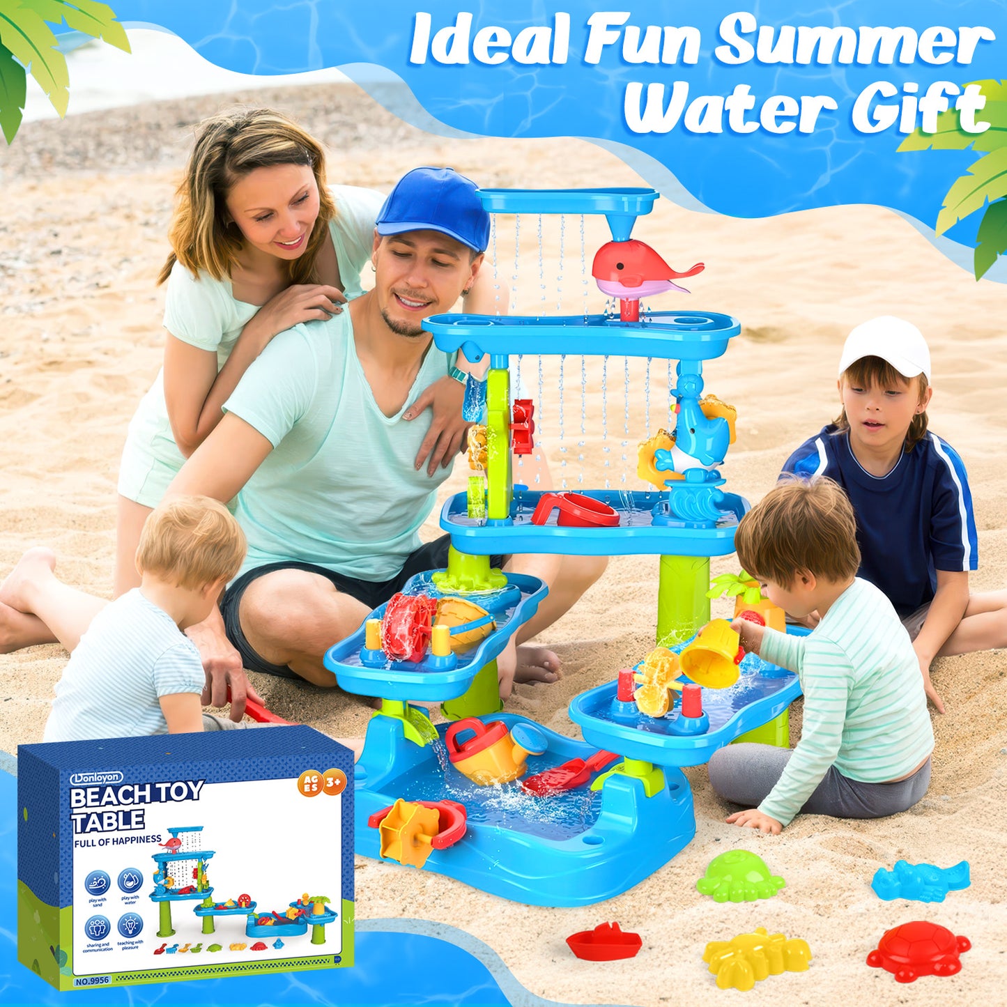 UUSUOO Water Table for Toddlers 1-3,5-Tier Kids Water Table,Rain Showers Splash Pond for Outdoor Beach Backyard Summer,Activity Sensory Sand and Water Table for Toddlers 1-3 3-5 Gift