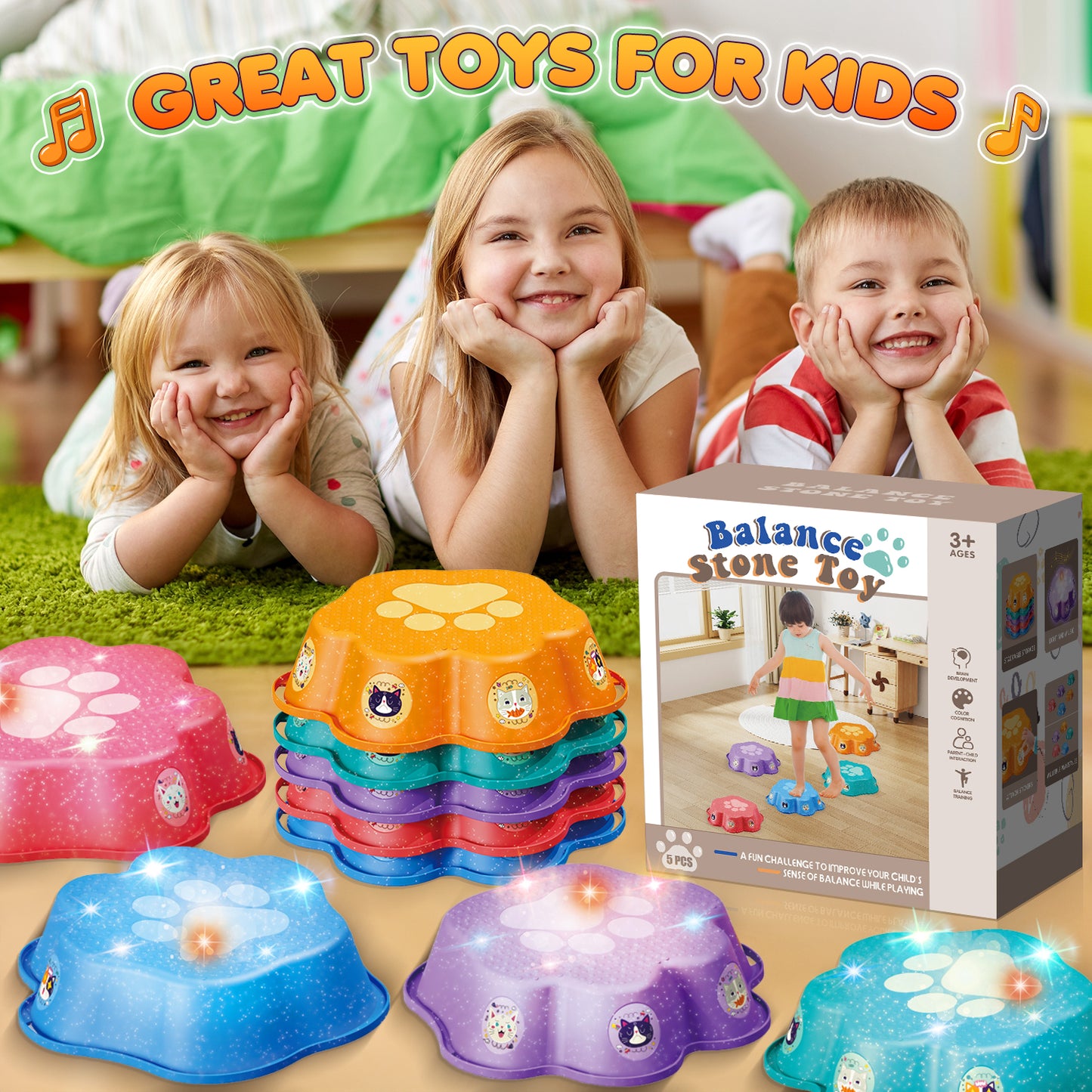 UUSUOO Stepping Stones for Kids,5Pcs Non-Slip Balance Stepping Stones,Upgraded Toddler Stepping Stones with Lights & Music,Indoor Outdoor Toys Gifts for Toddlers Ages 3-5