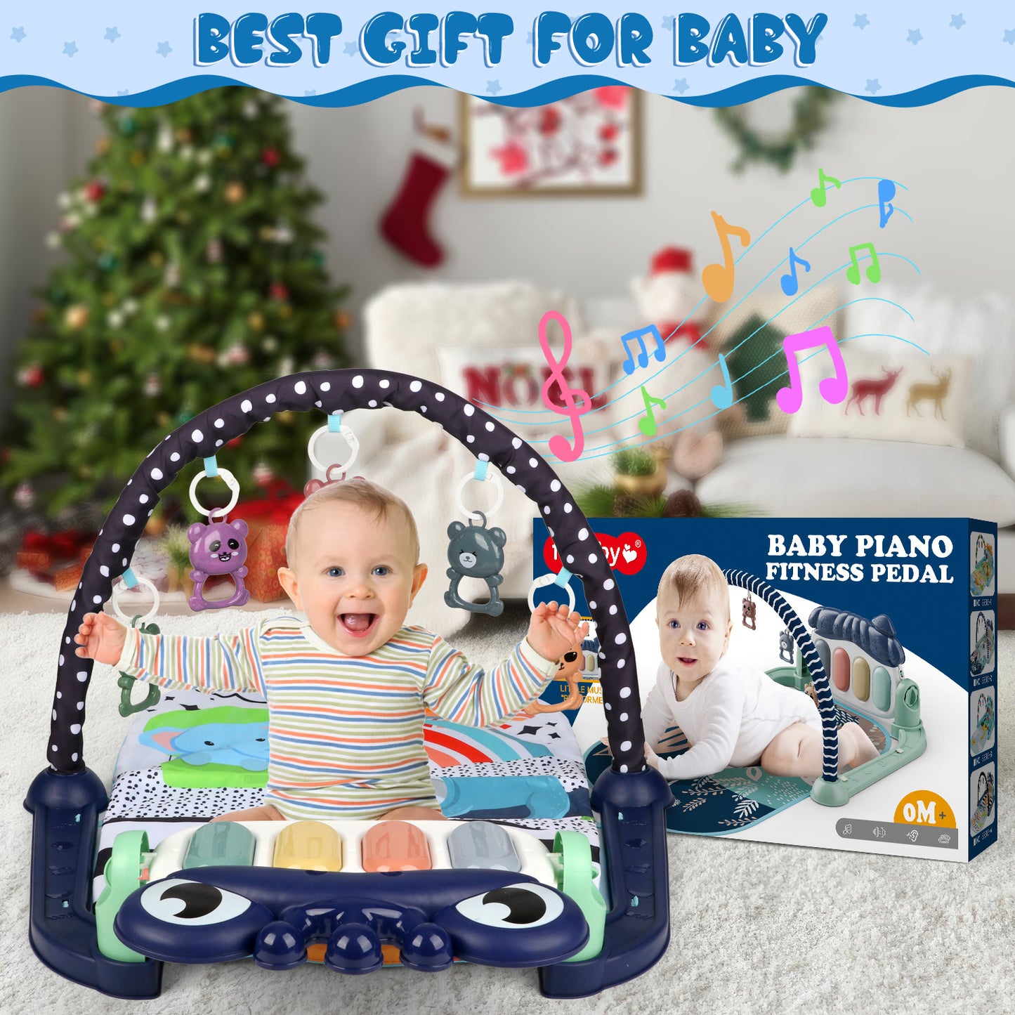 UUSUOO Baby Play Mat Baby Gym,Kick and Play Piano Gym,Musical Activity Center Tummy Time Baby Activity Mat with 5 Infant Sensory Baby Toys,Music & Light Newborn Infant Gifts for 0-3-6-9-12 Months