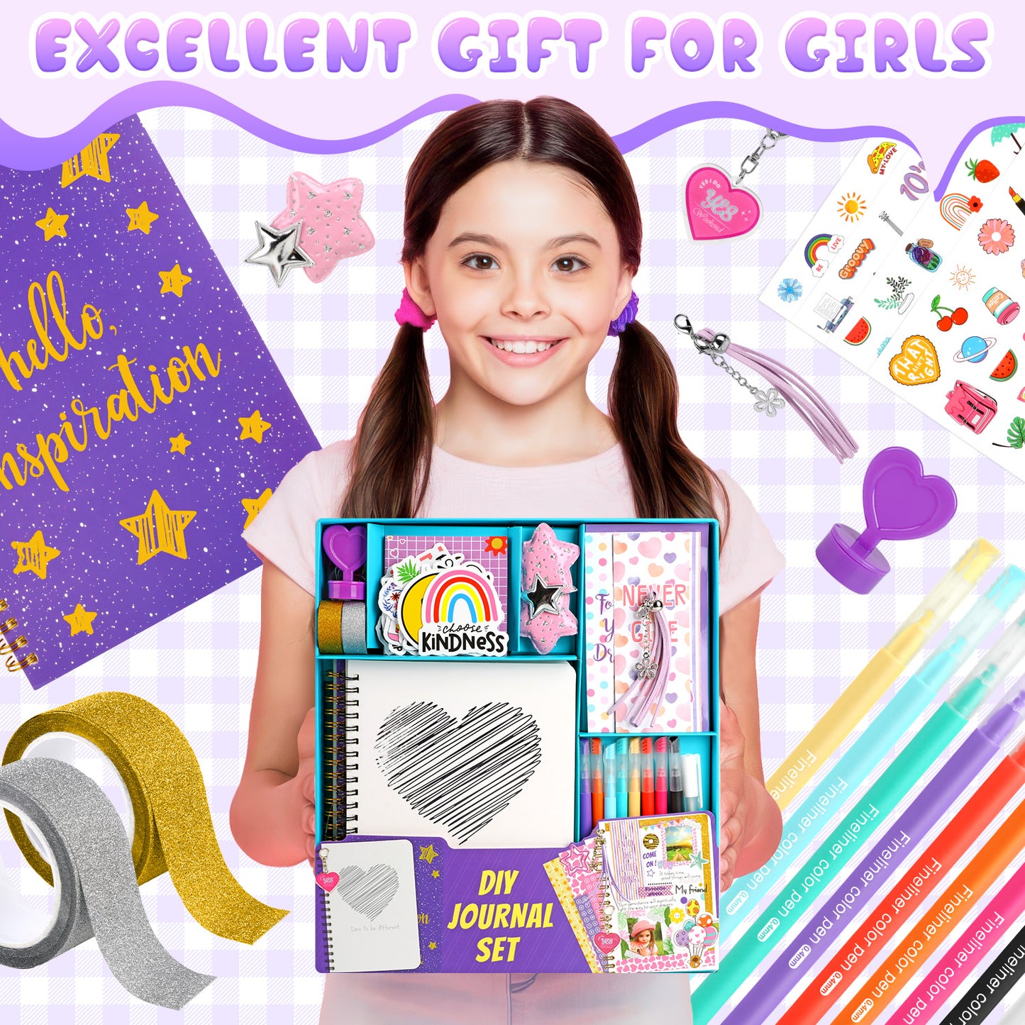 UUSUOO DIY Journal Kit for Girls,Journal Set for Girls Ages 8-12,100+Pcs Stationery Set with Stickers,Scrapbook & Diary Supplies Set,Journaling Art Crafts Kit,Christmas Gifts for Kids Age 8 9 10 +