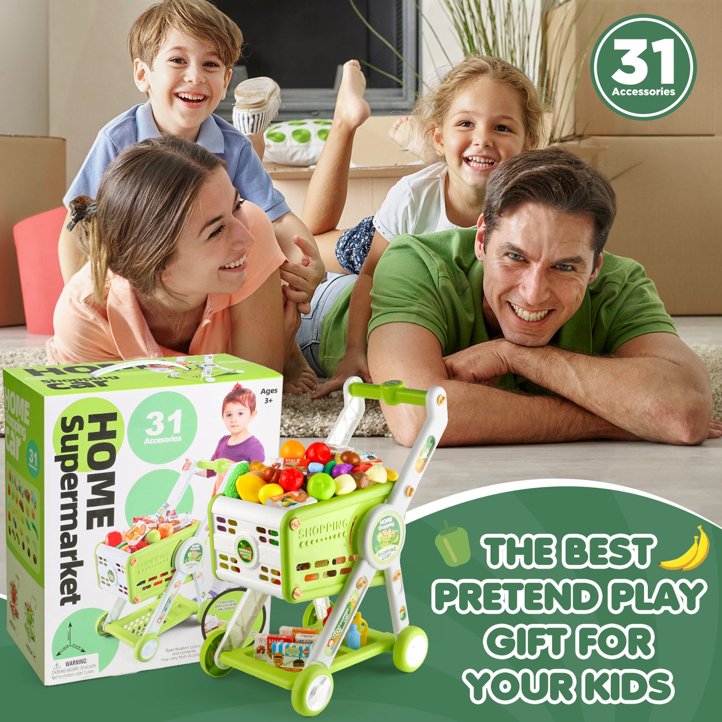 UUSUOO 31Pcs Shopping Cart for Kids,Pretend Play Toys with Play Food and Shop Accessories,Grocery Shopping Cart for Kids, Christmas Birthday Gift for Kids Age 3-8