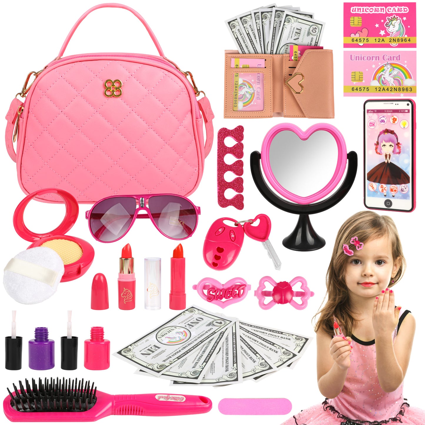 UUSUOO Play Purse Toy for Girls,34PCS Toddler Purse Set with Pretend Makeup for Little Girls,Princess Toys Includes Handbag,Phone,Wallet,Keys,Kids Purse Christmas Birthday Gift for Kids Girls