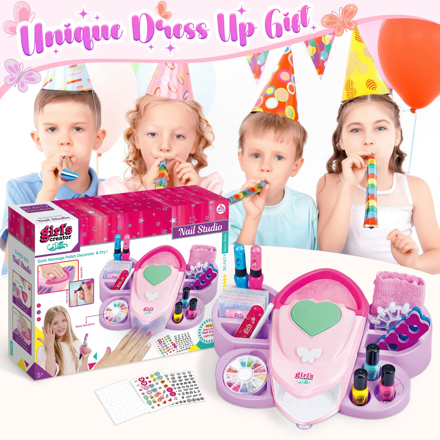 UUSUOO Kids Nail Polish Set for Girls,24Pcs Nail Art Kit with Nail Dryer,Hand Massage Spa Kit,Nail Kit for Girls Ages 7-12,Kid Manicure Set Christmas Birthday Gift for Girls Ages 7 8 9 10 11 12