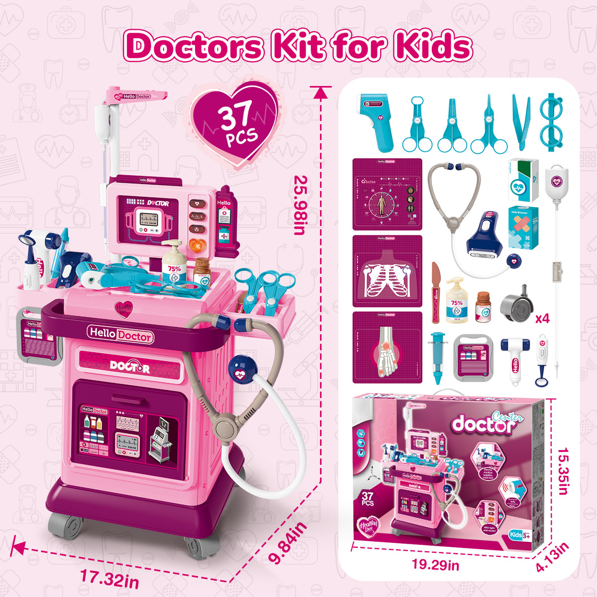 UUSUOO Doctor Kit for Toddlers 3-5,37Pcs Pretend Play Medical Kit Toy,Toddler Medical Cart Toy with Realistic LED Lights & Sounds,Doctor Kit Christmas Toy Gifts for Kids 3-8,Pink