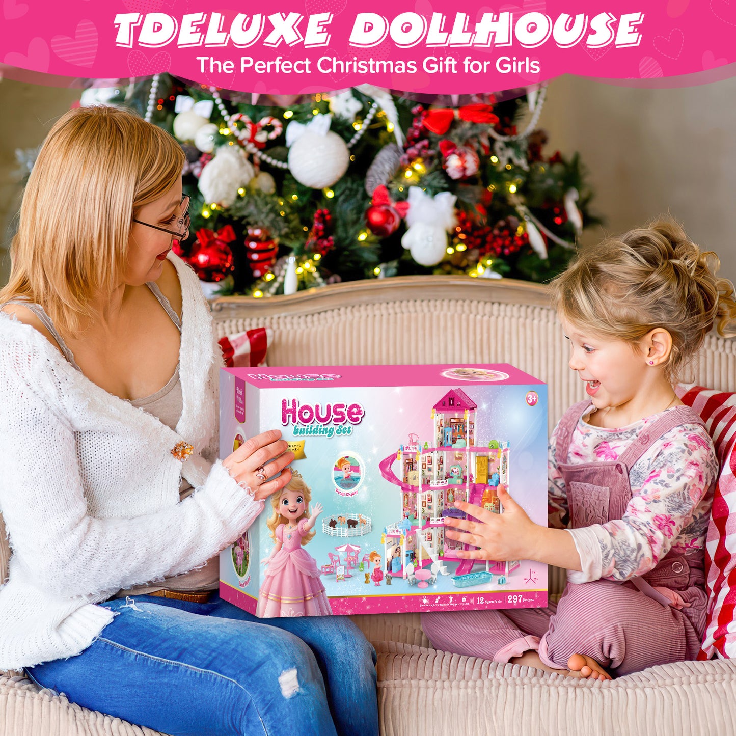 UUSUOO Doll House for Girls Toys,4 Stories 12 Rooms DIY Dollhouse Play Set with LED Lights Furniture and Accessories,Christmas Birthday Gifts for Girls Age 3 4 5 6 +