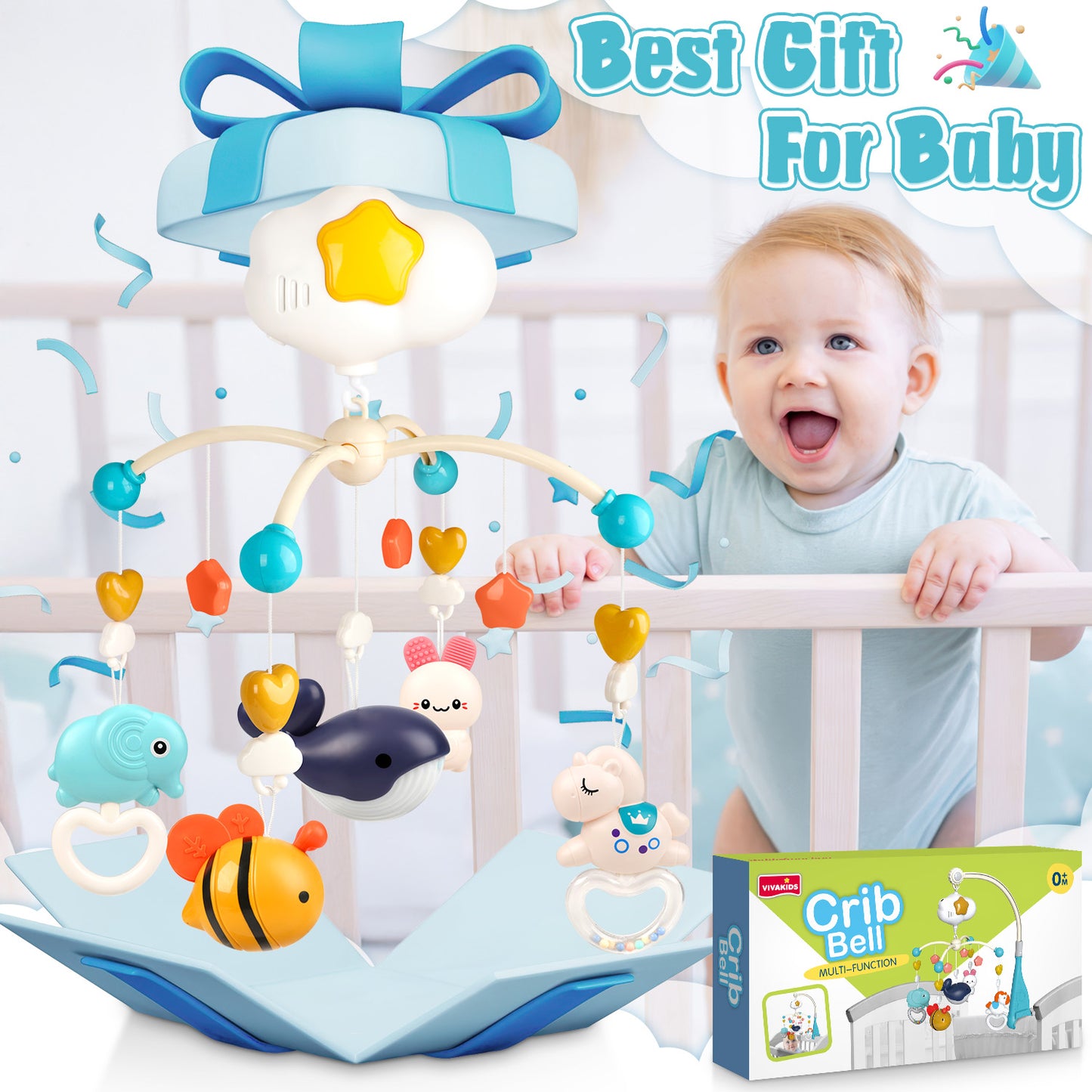 UUSUOO Baby Mobile for Crib,Baby Crib Mobile with Music and Night Lights,Mobiles for Crib with Rotation,Projection,Hanging Rotating Animals Rattles,Baby Toys 6-12 Months,Baby Crib Toys for Boys Girls