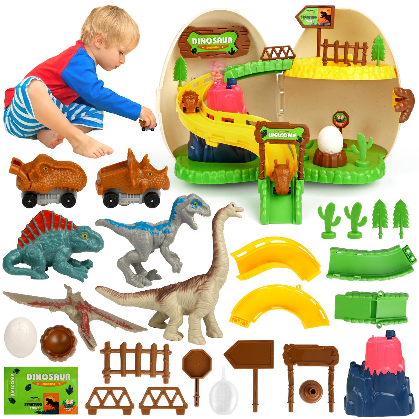 UUSUOO Dinosaur Toys for Boys 3-6 Years,Dinosaur Egg Amusement Park with Dinosaur Figure Toys & Dinosaur Cars,Volcano,Easter Dinosaur Eggs,Interactive Set of Dino Toys, Christmas Gifts for Kids