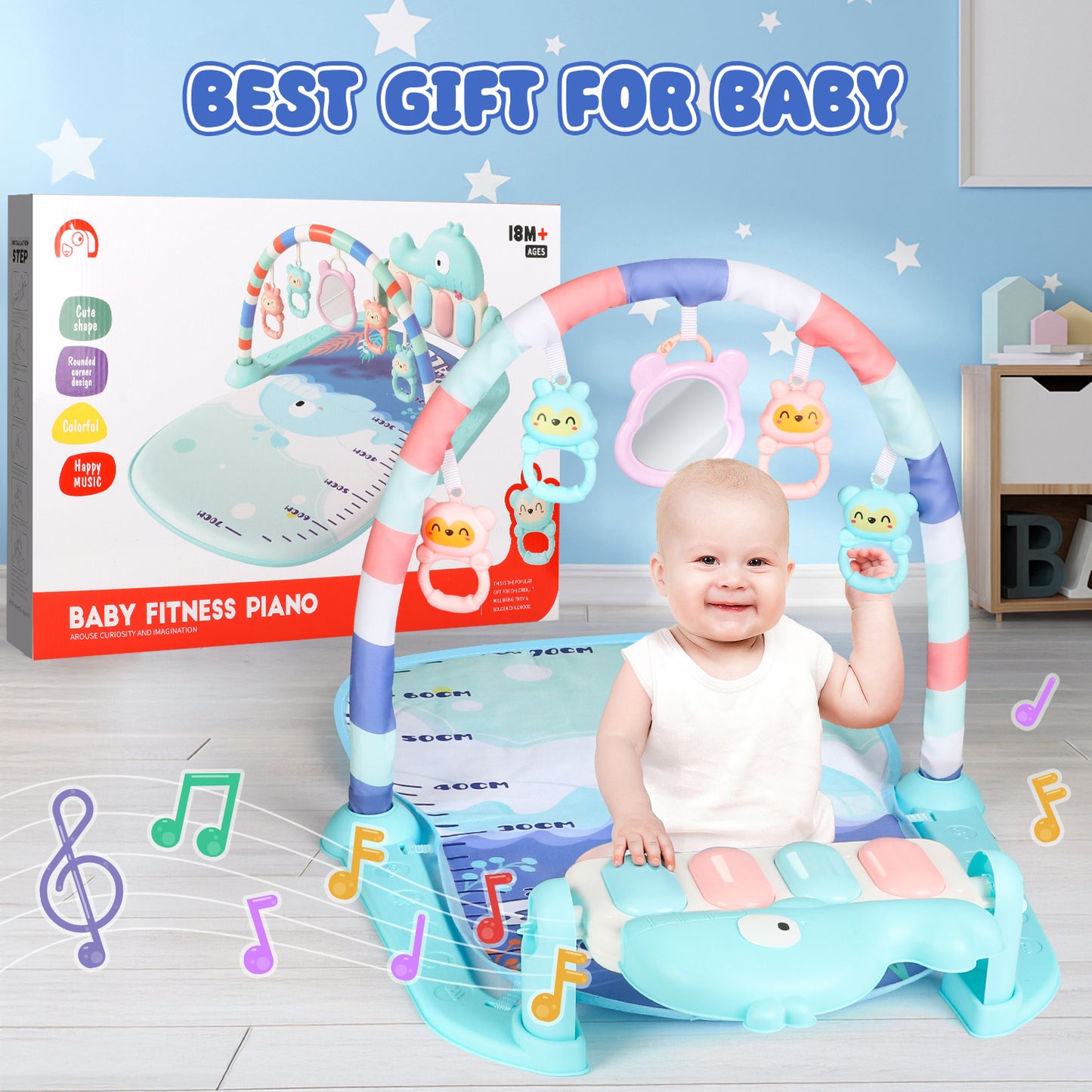 UUSUOO Baby Play Mat Baby Gym,Kick and Play Piano Gym,Tummy Time Activity Mat with 5 Infant Sensory Baby Toys,Infant Toys Piano Baby Play Mat Music & Light Newborn Infant Gifts for 0-3 6 9 12 Months