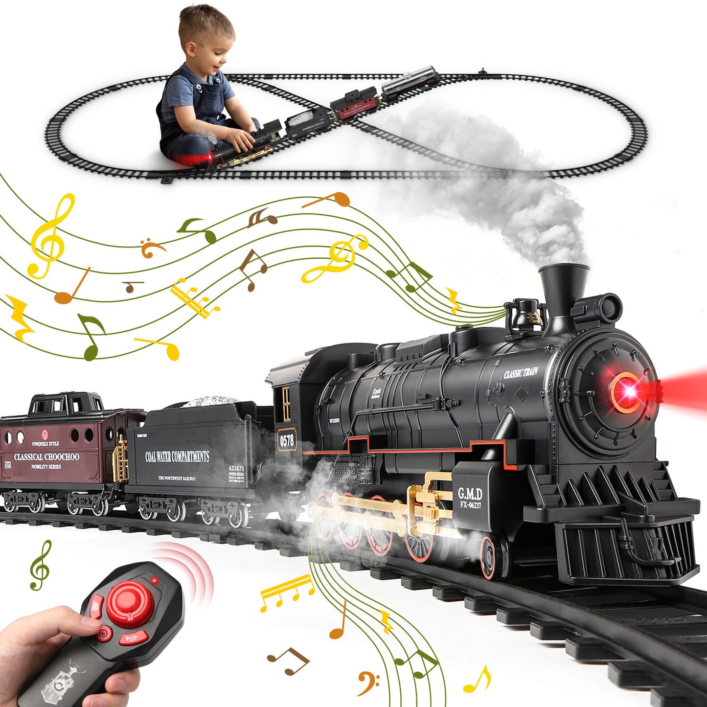UUSUOO Train Set for Boys,Remote Control Christmas Train Sets w/Steam Locomotive,Light Passenger Cars & Tracks,Trains Toys w/Smoke,Whistle & Lights,Christmas Toys Gifts for Kids 3 +