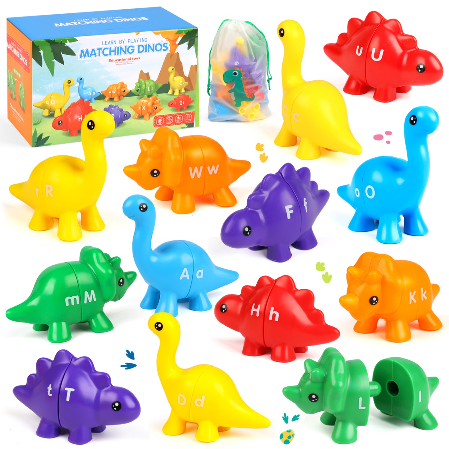 UUSUOO Alphabet Matching Dinosaur Set,13 PCS Montessori Double-Sided Dinosaur Toys Match Letter with Uppercase Lowercase, Fine Motor Toys for Toddlers 1-3, Christmas Gifts Educational Learning Toys