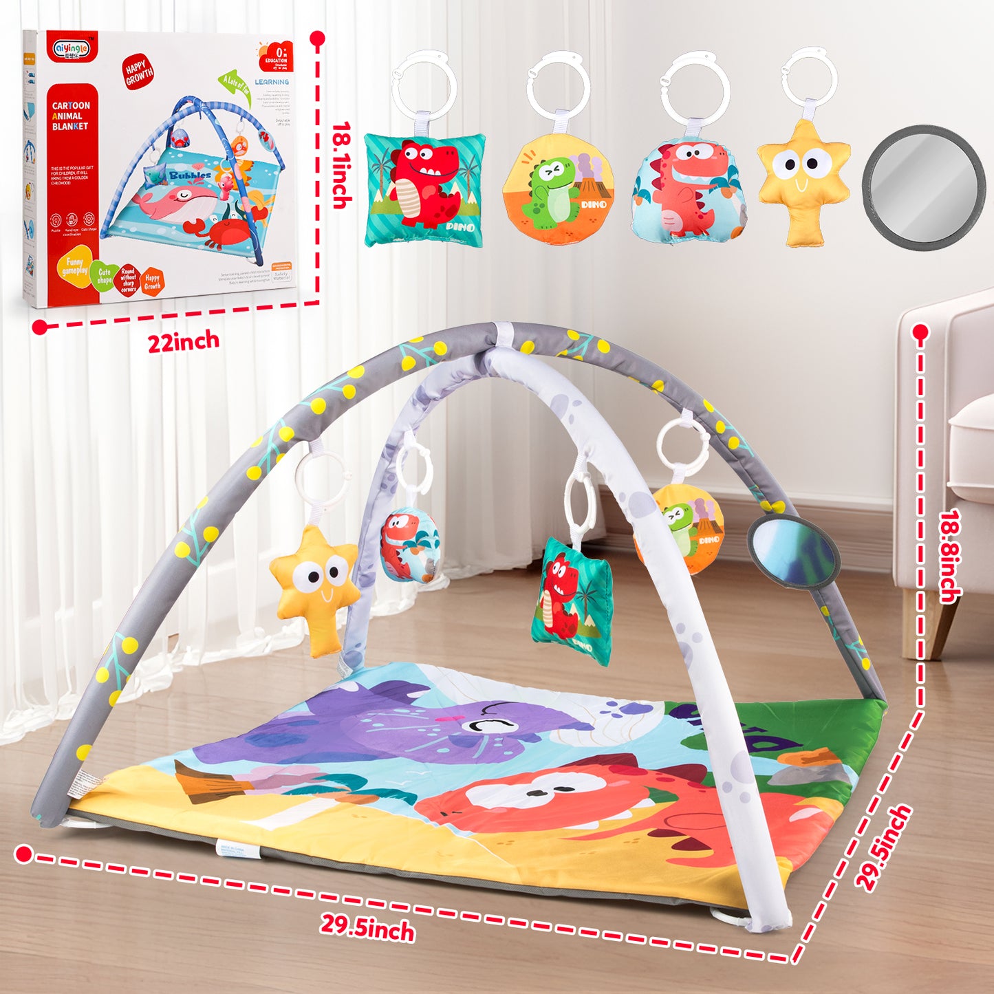 UUSUOO Baby Gym Play Mat,Tummy Time Mat With 5 Sensory Toys,Baby Activity Gym Mat for Visual, Hearing, Sensory,Motor Development,Christmas Gifts Baby Crawling Mat for Infant 0-3-6-9-12 Month