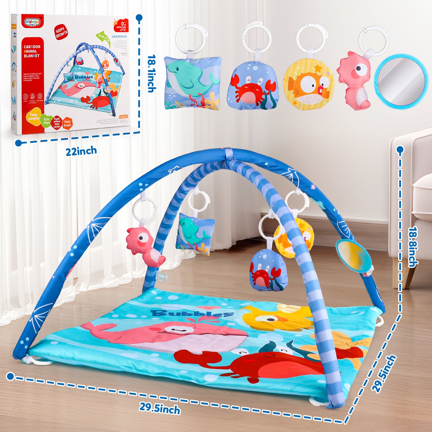 UUSUOO Baby Play Mat,Tummy Time Mat With 5 Sensory Toys,Baby Activity Gym Mat for Visual, Hearing, Sensory,Motor Development,Baby Toys Gifts for Toddler Infant 0-3-6-9-12 Month