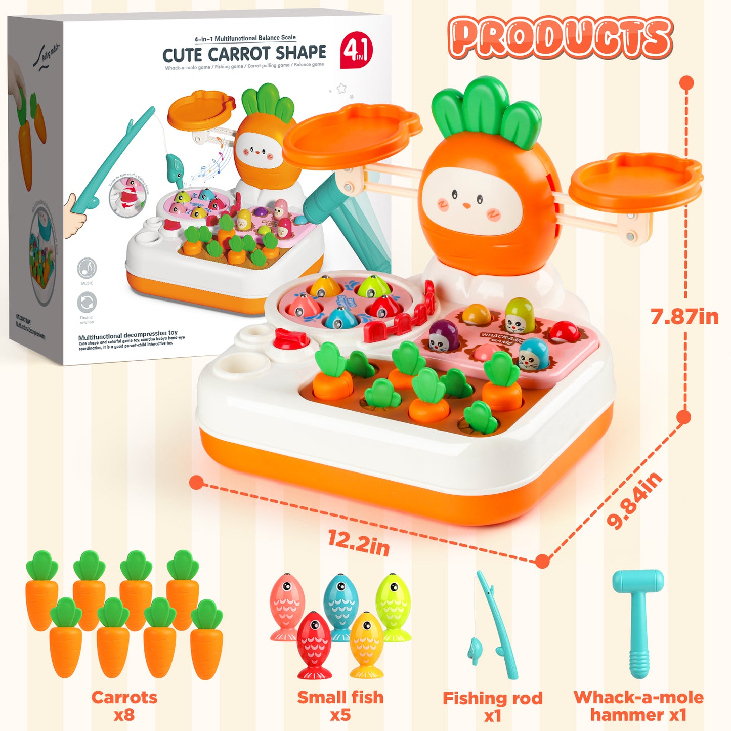 UUSUOO Montessori Toys for 1 Year Old,Balance Scale for Kids with Whack A Mole Game,Carrot Harvest Game,Fishing,Preschool Learning Toys,Baby Toys Gift for 1 2 3 Years Old Boys & Girls