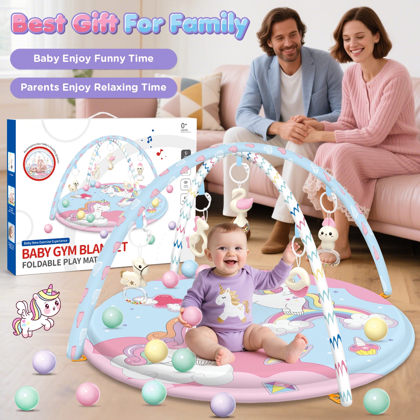 UUSUOO Baby Gym Play Mat,Tummy Time Mat With 5 Infant Learning Sensory Toys & 20 Balls,Washable Baby Activity Mat,Baby Toys Birthday Gifts for Newborns 0-3-6-9-12 Months