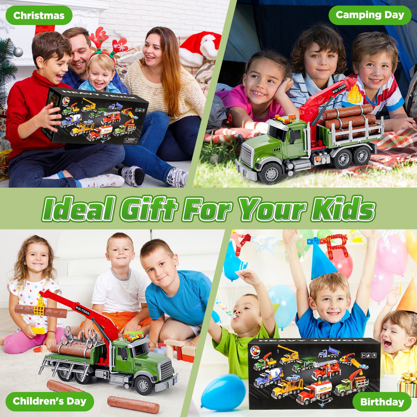 UUSUOO Toddler Trucks for Boys 3-6 Years,15" Large Boys Timber Truck with Loading Crane and 6 Trunks, Kids Truck Toys with Lights & Sounds,Christmas Birthday Gifts for 3 4 5 6 7 Boys Girls,Green