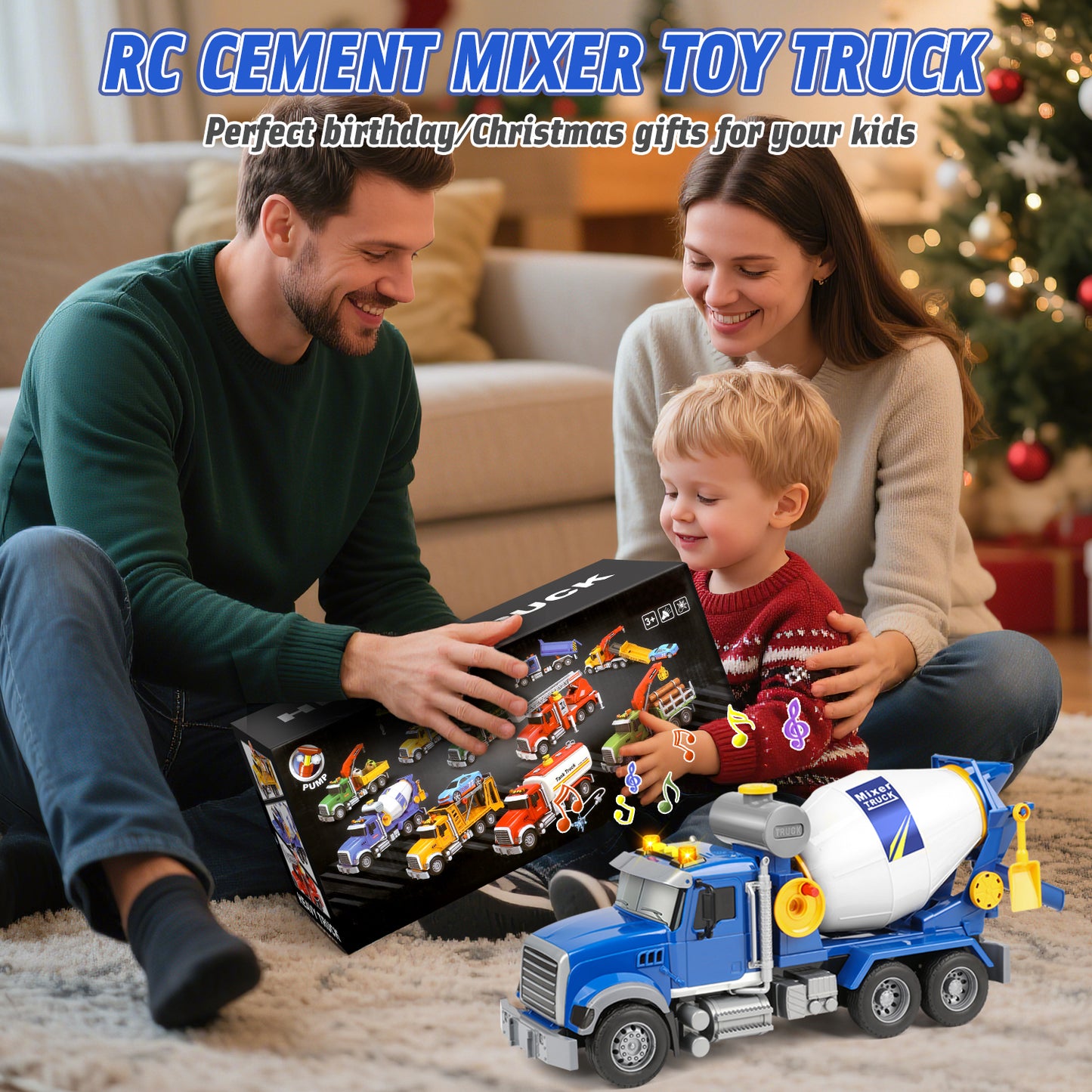 UUSUOO Toddler Trucks for Boys 3-6 Years,16" Cement Mixer Toy Truck for Boys with Lights and Sounds,Construction Trucks for Boys Age 4-7,Kids Toy trucks Christmas Birthday Gifts for Kids,Blue