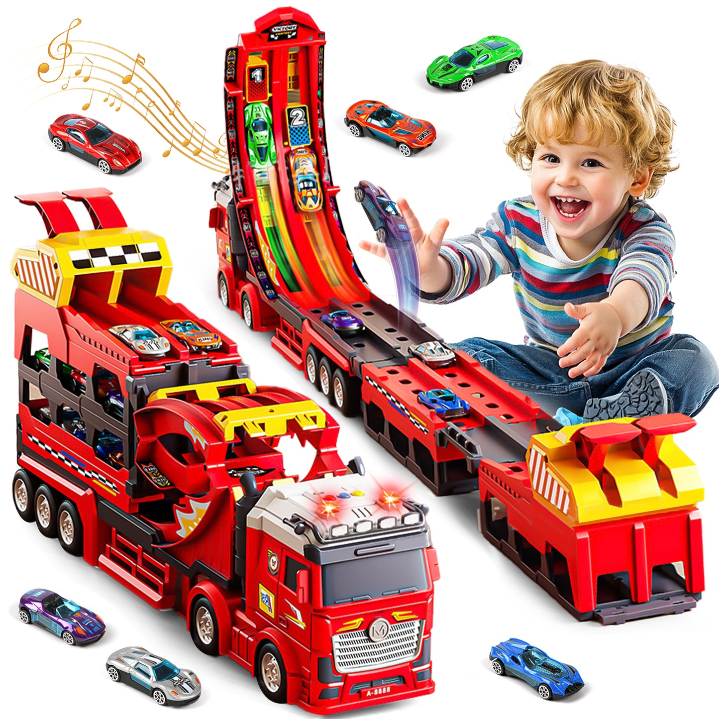 UUSUOO Carrier Truck Race Track Toys for Kids,45 inch Foldable Race Track with 6 Die-Cast Metal Toy Cars and Lights & Sounds, Truck Toys Toddlers Toys Xmas Gifts for 3 4 5 6 7 Years Old Boys and Girl