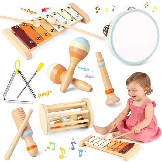 UUSUOO Montessori Toys for 1 Year Old, Baby Musical Instruments 6 Months-12 Months,Musical Toys for Toddlers 1-3 with Boho Xylophone/Drum,Christmas Birthday Gifts for One Year Old Boy Girl
