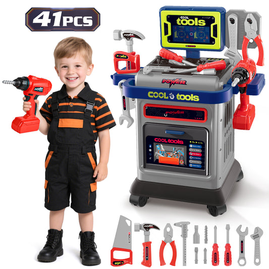 UUSUOO Kids Tool Bench,41 Pcs Toddler Tool Set with Realistic Tools and Electric Drill,Toddler Workbench Toys,Stem Pretend Play Learning Toys Gifts for Kids Age 3 4 5+