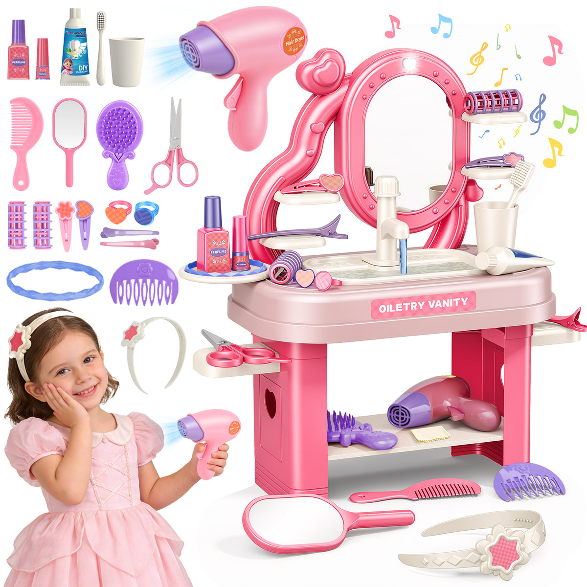 UUSUOO Kids Vanity Set with Mirror,40PCS Toddler Vanity Set Makeup Table for Kids, Girls Vanity with Mirror & Lights & Music & Makeup Accessories,Christmas Birthday Toy Gift for Girls Age 3-6