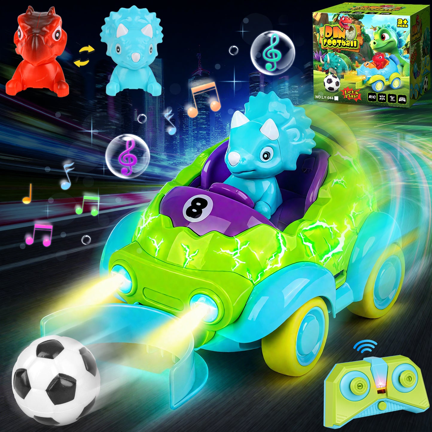 UUSUOO Dinosaur Remote Control Car for Toddlers,Rechargeable RC Cars for Toddler Toys with LED Lights & Music & Soccer Ball,Dinosaur Toys Christmas Birthday Gift for Boys Girls Age 3 4 5 +, Green