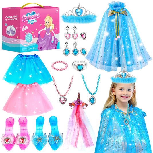 UUSUOO 19Pcs Princess Dress Up Toys,2 Sets Princess Toys for Girls 3-6 Years,Unicorn and Frozen Princess Pretend Play Toys Gift for Girls 3 4 5 6 + Years Old