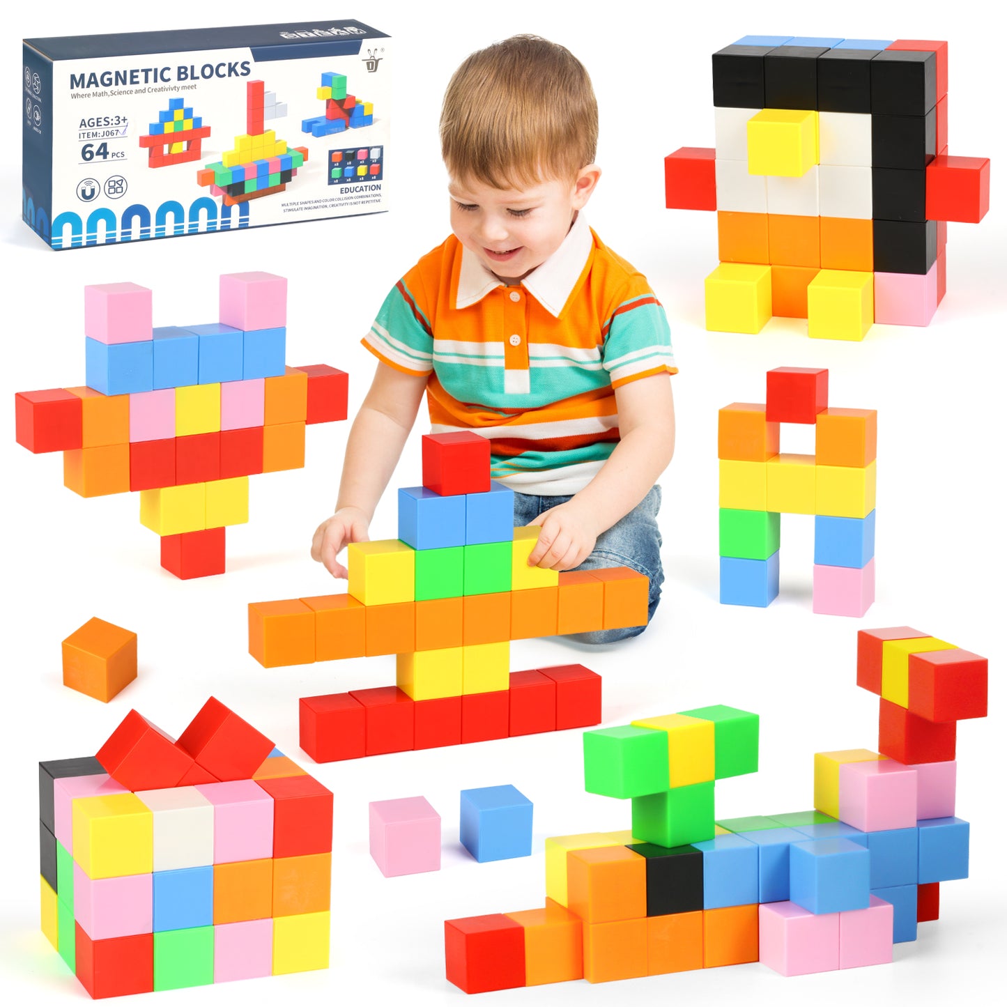 UUSUOO 64 PCS Magnetic Blocks, Magnetic Building Blocks for Kids Ages 4-8, Montessori Toys, Magnetic Cubes,Christmas Gifts Preschool STEM Educational Sensory Magnet Toys for Kids 1-3