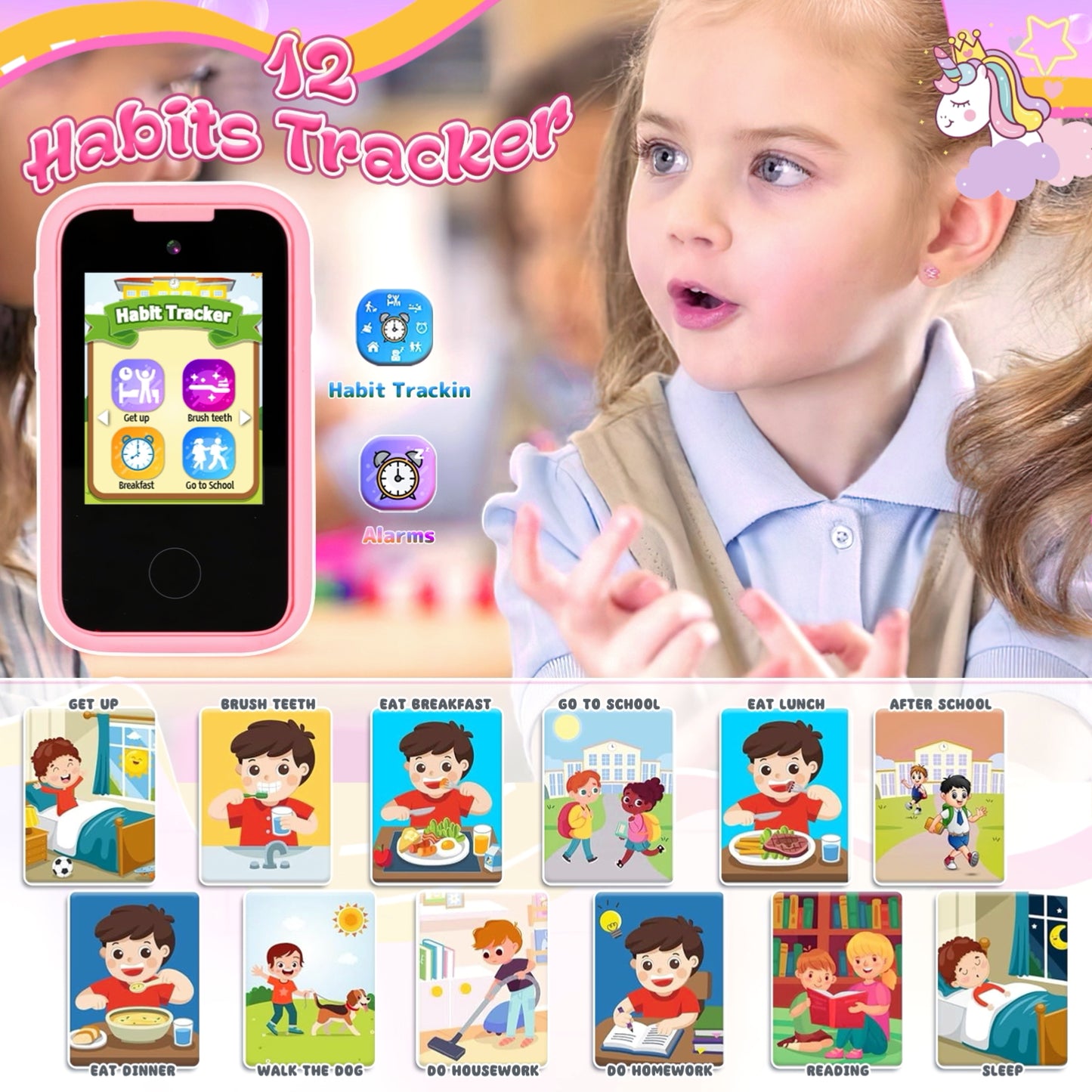 UUSUOO Kids Smart Phone for Girls Kids Toys,2.8" Touchscreen Toddler Phone Toys W/ 8G SD Card, Dual Camera, Music Player,Unicorn Toys Christmas Birthday Gifts for Boys Girls 3-12,Pink