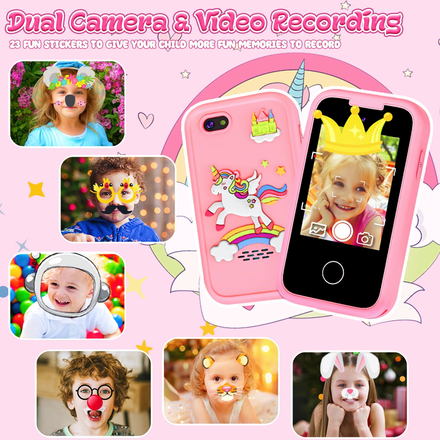 UUSUOO Kids Smart Phone for Girls Kids Toys,2.8" Touchscreen Toddler Phone Toys W/ 8G SD Card, Dual Camera, Music Player,Unicorn Toys Christmas Birthday Gifts for Boys Girls 3-12,Pink