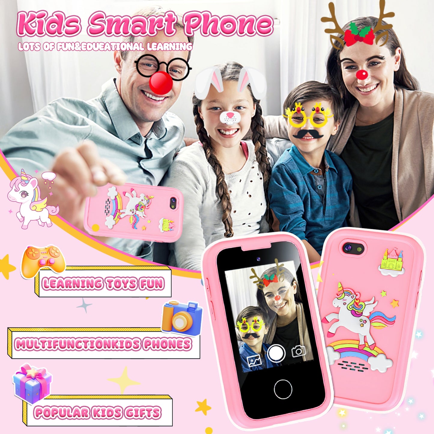 UUSUOO Kids Smart Phone for Girls Kids Toys,2.8" Touchscreen Toddler Phone Toys W/ 8G SD Card, Dual Camera, Music Player,Unicorn Toys Christmas Birthday Gifts for Boys Girls 3-12,Pink