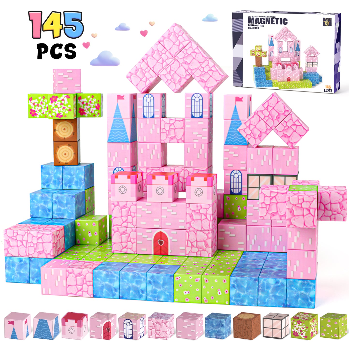UUSUOO 145PCS Magnetic Blocks,Magnetic Building Blocks for Kids Ages 4-8,Magnet STEM Sensory Toys,Princess Castle Building Set Christmas Birthday Gifts Toy for Girls & Boys Ages 3+